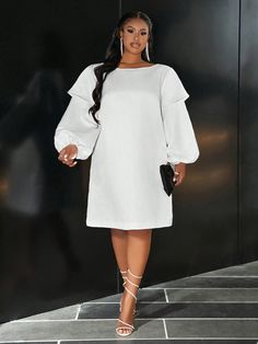 Elegant & Party & Gathering & Dating Loose Solid White Lantern Sleeve Satin Midi Dress For Plus Size Women, Spring Autumn White Elegant  Long Sleeve Satin Plain Tee Non-Stretch  Women Plus Clothing, size features are:Bust: ,Length: ,Sleeve Length: Dress For Plus Size Women, White Plus Size Dresses, Dress For Plus Size, White Dress Styles, White Outfits For Women, White Lantern, White Lanterns, Flare Long Sleeve, Plain Tees