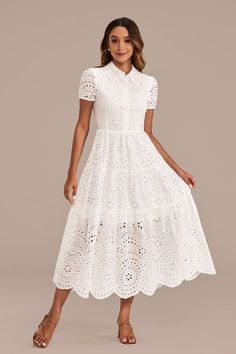 White Short Sleeve Collar Embroidery Eyelet Cotton Midi Dress Elegant Short Sleeve Eyelet Dresses, Feminine Eyelet Dress With Short Sleeves, Short Sleeve Eyelet Dress For Daywear, Feminine Short Sleeve Broderie Anglaise Dress, Summer Eyelet Dress With Short Sleeves, Elegant White Short Sleeve Summer Dress, White Short Sleeve Summer Dress, White Short Sleeve Dress For Spring, White Half Sleeve Dress For Daywear