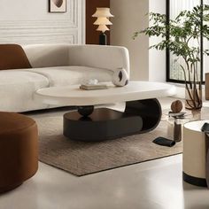 a modern living room with white furniture and brown accents on the walls, along with potted plants