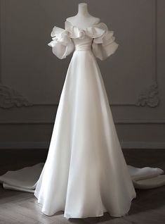 White Satin Off the Shoulder Puff Sleeve Pleats Wedding Dress White Dress Aesthetic Royal, Puff Sleeve Wedding Dress, Long Wedding Dress, Shoulder Puff Sleeve, Pretty Wedding Dresses, Sleeve Wedding Dress, Sophisticated Dress, Long Wedding Dresses, Glam Dresses