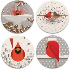 four coasters with birds on them in various patterns and colors, one is red