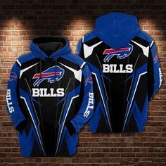 the buffalo bills hoodie is on display against a brick wall with lights behind it