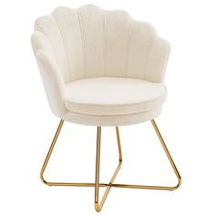 a white chair sitting on top of a metal base with a gold frame around it