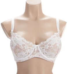 Three part underwire bra has a feminine lace cup and girlish eyelash lace edge. Multi-part, underwire cup has knit mesh lining and vertical and angled seams to create a more rounded shape. Unpadded floral lace cup has angled and vertical seaming for shape. Elasticized edge of cup has pretty, floral lace with a scalloped edge that peeks over top of the cup. Wide arched center panel features a satin bow at top. Seamed, tall mesh sides and back have sewn-on elastic along edges for fit. Wide-set ela Full Coverage Lace Bra With Lace Closure, Full Coverage Cream Bra With Removable Pads, Cream Full Coverage Bra With Removable Pads, Beige Lace Underwire Bra, Beige Lace Bra Comfortable, Full Cup Lace Bra With Lace Closure, Feminine Full Coverage Bra With Lace Closure, Cream Lace Bra With Lace Trim, Wedding Lace Bra In Beige