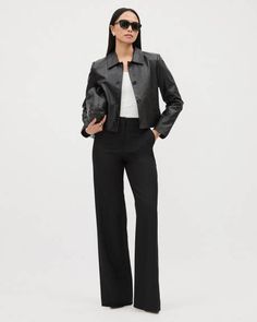 A classic black high-rise pant that definitely deserves a spot in your wardrobe. Designed with a wide leg and made in a stretch wool blend that will provide you with all-day comfort, this pant is a timeless piece you are sure to love. Matching blazer available. 

Fit & Cut
- Wide leg
- High-rise
- 33" inseam (size 8)

Design Details
- Stretch wool blend
- Front zipper closure with hook and bar
- Side pockets and welt pockets at back
- Pleats at leg
- Long length Yoga Jeans, Suits Clothing, Slim Fit Dress Shirts, Suit Pant, Maternity Shops, Slim Fit Dresses, Leg Design, Tailored Shirts, Slim Fit Shirt