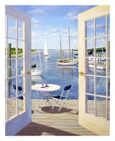 an oil painting of sailboats on the water from a deck with chairs and table