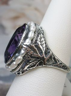 Natural Amethyst Ring, Sterling Silver Leaf Filigree, Pearl Frame, Vintage Jewelry, Silver Embrace Jewelry Exquisite Purple Amethyst Ring With Gemstone Accents, Exquisite Purple Amethyst Ring With Center Stone, Classic Wedding Amethyst Ring With Gemstone Accents, Exquisite Amethyst Ring, Classic Amethyst Rings With Gemstone Accents, Exquisite Amethyst Rings With Gemstone Accents, Exquisite Amethyst Ring For Anniversary, Exquisite Amethyst Ring For Wedding, Elegant Amethyst Ring For A Gift