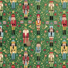 a green background with nutcrackers and stars