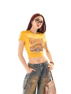 Age: 18-24 years oldSize: S M L XLPattern: Letters/numbers/textStyle: StreetStreet: Sports and leisureCollar: Round neckPopular elements: printsMain color: YellowSleeve type: RegularSKU: T5125E31Season: SpringYear Season: Spring 2023Sleeve length: Short sleevesThickness: RegularLength: ShortClothing fit: slim fitMaterial composition: cotton Y2k Yellow Outfit, Yellow Y2k Outfit, Graphic Top Outfit, Fashionable Poses, Yellow Top Outfit, Yellow Y2k, Body Draw, Yellow Outfits, Fashion Bella