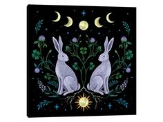 two rabbits sitting in front of the moon with flowers and plants around them on a black background