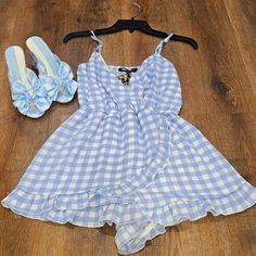 Nwt Honey & Sparkle Small Blue And White Checkered Print Elastic Banded Waist Ruffle Detail Fully Lined Romper Adjustable Straps Pairs Excellent With The Gianni Bini Heels Pictured! Casual Blue Jumpsuits And Rompers For Daywear, Summer Blue Jumpsuits And Rompers For Daywear, Blue Jumpsuits And Rompers For Summer Daywear, Blue Jumpsuits And Rompers For Spring Daywear, Sparkle Pants, Gianni Bini Heels, Checkered Print, Women Outfit, Clothes Sewing Patterns