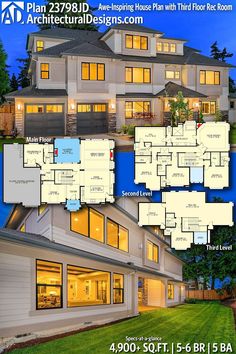 the floor plan for this home is shown in blue and white, with three levels to each