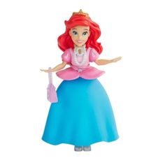 the little mermaid doll is wearing a blue dress and holding a pink umbrella in her hand