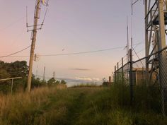 the power lines and telephone poles are next to each other in an overgrown grassy field