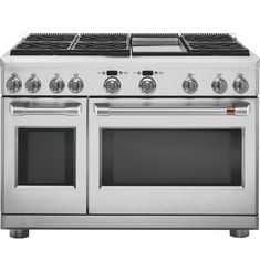 an oven with four burners and two doors on the front, in stainless steel