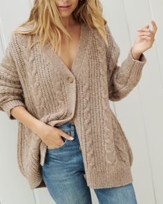 Cable Cocoon Cardigan in Sand Cabled Cardigan, Chunky Cable Knit Sweater, Cable Cardigan, Cocoon Cardigan, Chunky Cable Knit, Cozy Knit Sweater, Jenni Kayne, Sweater Trends, Chunky Knit Cardigan