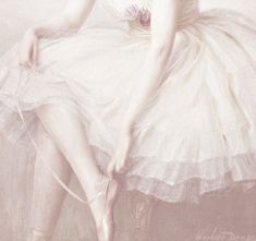 a painting of a ballerina sitting on a chair with her legs crossed and wearing ballet shoes