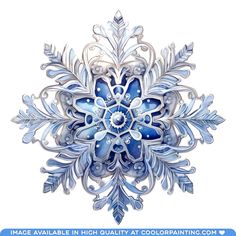 a blue and white snowflake with leaves on it's side, in the middle