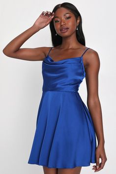 You'll keep everyone on their toes with your style when they see you wearing the Lulus Fanciful Flirt Royal Blue Satin Cowl Neck Skater Mini Dress! Sleek woven satin shapes a sleeveless bodice and a cowl neckline that falls from adjustable spaghetti straps. A high, fitted waist tops a twirly skater skirt that ends at a cute mini hem. Hidden back zipper/clasp. Fit: This garment fits true to size. Length: Mid-thigh. Size medium measures 29" from adjustable straps to hem. Bust: Great for any cup si Royal Blue Mini Dress, Satin Skater Dress, High Neck Prom Dress, Skater Mini Dress, Lulus Dress, Royal Blue Shorts, Blue Skater Dress, Royal Blue Dress, Lulu Fashion