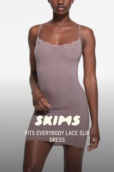 Slip into this buttery-soft, body-hugging mini dress with romantic stretchy lace trims. Features a front scoop neckline and adjustable straps. Fits true to size. | SKIMS Slip Dress | Purple | 2XL | Fits Everybody Lace Lace Slip Dress, Lace Trims, Lace Slip, Dress Purple, Purple Dress, Scoop Neckline, Lace Trim, Adjustable Straps, Slip Dress