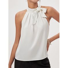 Season:Summer; Fabric:Satin; Sleeve Length:Sleeveless; Look After Me:Machine wash; Gender:Women's; Style:Modern,Elegant; Elasticity:Inelastic; Tops Type:Blouse,Dressy Tops; Occasion:Work; Top Length:Regular; Fit Type:Form Fit; Pattern:Plain; Design:Bow,Ruched; Neckline:Halter Neck; Sleeve Type:Sleeveless; Brand:Ador; Front page:FF; Listing Date:06/20/2024; Production mode:External produce; Bust:null; Length:null; Fit US Size:null; Fit UK Size:null; Fit EU Size:null White Formal Top, Solid Halter Neck Tank Top For Summer, Summer Satin Stretch Tank Top, Stretch Satin Tank Top For Summer, Summer Stretch Satin Tank Top, Elegant Halter Neck Tank Top For Spring, Elegant Summer Tank Top, Elegant Cami Blouse For Summer, Casual Sleeveless Satin Tank Top