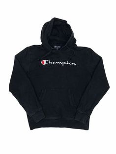 Vintage 90s Champion black embroidered spell out hoodie size small Size label says medium but fits more like an oversized small.  High quality thick and heavy material Pit to pit: 52cm Pit to cuff: 49cm Collar to hem: 61cm Black Hooded Grunge Sweatshirt, Cotton Grunge Hoodie With Drawstring Hood, Grunge Cotton Hoodie With Drawstring Hood, Black Hoodie With Drawstring For College, Black Grunge Sweatshirt With Drawstring Hood, Black Fleece Hoodie With Embroidered Logo, Winter Streetwear Sweatshirt With Embroidered Logo, Urban Black Hoodie For College, Black Urban Hoodie For College