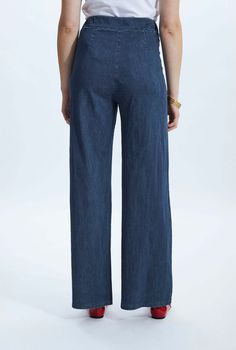 This wide legged pair of trousers is a James Lakeland spring staple. Designed in the lightest denim material, these jeans allow great comfort with their wide elasticated waist band. Featuring a slightly heathered look, on the stitching lines and hems, making this a very cool yet chic piece.     Made in Italy 95% cotton, 5% Elastane Machine Wash at 30°C, Do not bleach, Permanent Press, Iron at Low Temperature, Dry Clean any solvent except trichloroethylene, Do Not Tumble Dry. Wide Legged Jeans, Spring Staples, April Birthstone Jewelry, March Birthstone Jewelry, Forever Jewelry, Denim Material, Gifts For New Mums, Pearl Jewellery Earrings, Mens Jewelry Bracelet