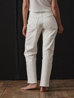 Straight leg, high-waisted pants in subtly structured 12 oz. twill. | Buck Mason Women's Rider Jeans in Natural, Size 24 Spring Mom Fit Pants With Straight Hem, Mom Fit Bottoms With Straight Hem For Everyday, Everyday Mom Fit Bottoms With Straight Hem, Cream Cropped Leg Workwear Bottoms, Cream Cropped Leg Bottoms For Work, Everyday Mom Fit Cropped Leg Pants, Classic High Rise Tapered Pants, Classic High-rise Tapered Pants, Classic Cream Tapered Leg Bottoms