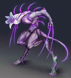 an alien creature with purple and white paint on it's body, holding a flower