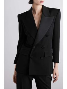 SAINT LAURENT Double-breasted satin-trimmed grain de poudre wool blazer | NET-A-PORTER Luxury Structured Suits For Formal Occasions, Elegant Double-breasted Tuxedo For Office, Luxury Structured Suit For Formal Occasions, Elegant Black Double-breasted Suit, Luxury Structured Formal Suit, Elegant Black Suit With Double-breasted Button Fastening, Elegant Office Tuxedo With Double-breasted Button, Designer Evening Suit With Lapel Collar, Luxury Double-breasted Tuxedo For Semi-formal