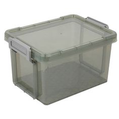 a plastic storage box with lid and latches on the sides is shown against a white background