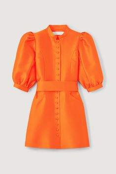 AMOAKO-DRESS SHORT SMART ORANGE Orange Satin, Orange Dress, Knit Jacket, Mini Dress With Sleeves, Cinched Waist, High Collar, Satin Finish, Three Quarter, Outerwear Jackets