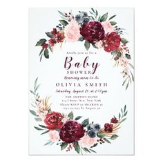 an elegant floral wedding card with burgundy and pink flowers on the front, white background