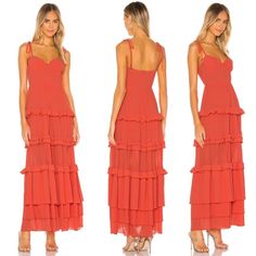 Tularosa Tinsley Tiered Crepe Maxi Dress In Coral Size Xxs Features: Brand: Tularosa Tinsley Tiered Crepe Maxi Dress In Coral Size: Xxs Color: Coral Print Or Pattern: Solid Sleeves: Sleeveless, Spaghetti Tie Neck: Sweetheart Hidden Back Zipper Texture: Crepe Beaded Tie Shoulder Strap Materials: 100% Polyester Underwire Cups Lined Model Wearing Xs Size: Womens Xxs Measurements: Length (Not Including Adjustable Straps) 54 In Armpit To Armpit 13.5 In Waist 12 In Condition: Pre-Owned Terms: All Item Beaded Tie, Crepe Maxi Dress, Coral Print, Color Coral, Tie Neck, Orange Pink, Pink And Orange, Neck Tie, Adjustable Straps