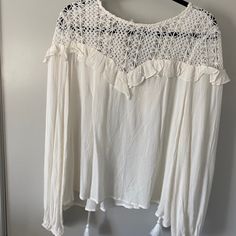 Vici Peasant Top . White Ruffled Peasant Top For Brunch, White Bohemian Top With Ruffles, Chic White Peasant Top For Spring, White Peasant Top With Lace Trim, White Bohemian Peasant Top With Lace, Chic White Peasant Top With Lace Trim, Summer Long Sleeve Blouse With Ruffles, Chic White Crochet Top With Ruffles, Feminine White Blouse With Crochet Trim