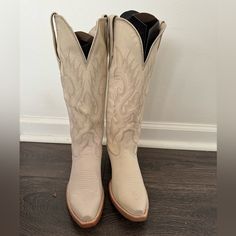 Brand New With Box And Individual Boot Covers, Never Worn. White Pointed Toe Boots For Ranch, White Snip Toe Boots For Ranch, Cream Boots With Reinforced Heel And Snip Toe, Cream Snip Toe Boots With Reinforced Heel, Western Cream Boots With Reinforced Heel, Cream Western Boots With Reinforced Heel, Western Style Cream Boots With Reinforced Heel, Cream Snip Toe Boots For Rodeo, Cream Snip Toe Boots For Ranch