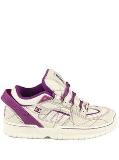 ivory white/plum purple calf leather/calf suede mesh panelling logo patch at the tongue branded heel counter contrast stitching logo at the sole panelled design round toe front lace-up fastening logo pull-tab at the heel padded ankle rubber outsole Purple Leather Skate Shoes With Rubber Sole, Purple Leather Round Toe Skate Shoes, Purple High-top Leather Skate Shoes, Purple Leather High-top Skate Shoes, Purple Leather Lace-up Skate Shoes, Sporty Purple High-top Sneakers With Contrast Sole, Leather High-top Sneakers With Rubber Sole In Purple, Retro Skater, Stitching Logo