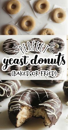 chocolate covered donuts with white glaze and sprinkles on top, in front of the words perfect yeast doughnuts baked or fried