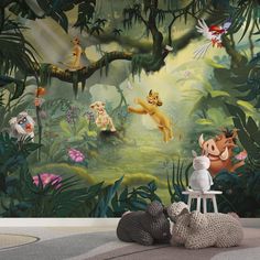 there are many animals in the jungle wall mural