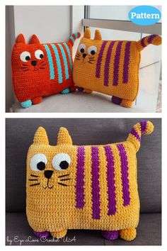 two crocheted pillows made to look like cats