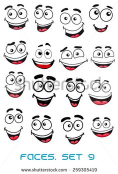 a set of cartoon faces with different expressions for each face, including eyes and mouths