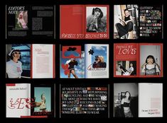 an assortment of brochures are displayed on a black background with red and white images