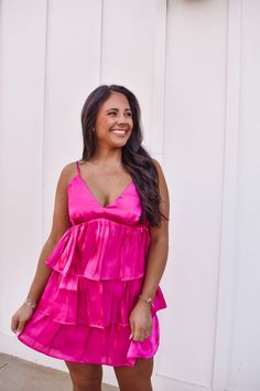 Emalee Pink Ruffle Dress – Southern Stars Boutique Pink Metallic Dress, Pink Hoco Dresses, Layered Ruffle Dress, Pink Ruffle Dress, Birthday Fits, Hot Pink Dresses, Pink Metallic, Ruffled Dress, Metallic Pink