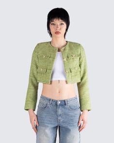 Let them know you mean business, in the sweetest way possible 😊 This green tweed crop jacket is made from boucle tweed fabric, and finished with rhinestone heart-shaped buttons for a cute and sassy touch 💚 Trendy Fitted Tweed Jacket For Spring, Fitted Tweed Outerwear, Trendy Style, Trendy Fitted Tweed Outerwear, Fitted Trendy Tweed Outerwear, Trendy Spring Tweed Jacket With Button Closure, Cropped Tweed Outerwear With Buttons, Chic Green Tweed Blazer, Green Tweed Spring Blazer, Spring Tweed Jacket With Button Closure