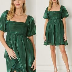 Organza Square Neck Bubble Sleeve Mini Dress Featuring Pleat Detailing At Bust. Smocking At Back. Lined. Woven. Semi-Sheer. Lightweight. 100%Polyester Green Shimmer Dress, Hunter Green Dresses, I'm Yours, Athleisure Dress, Green Bubble, Shimmer Dress, Bubble Sleeve, Home Dress, Sheer Sleeves