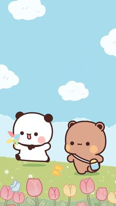 two cartoon animals standing in the grass with flowers and clouds behind them, one bear holding a butterfly