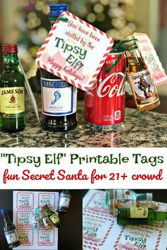 an elf printable tag is on top of a table with christmas gifts and other items