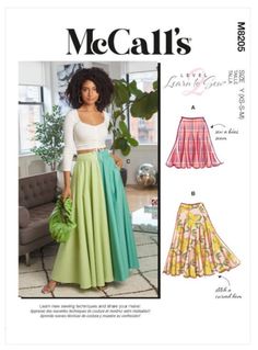 a woman in a long skirt and crop top is featured on the cover of a sewing pattern