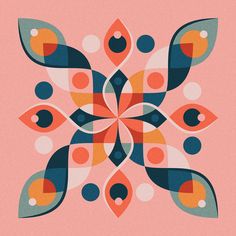 an abstract design on a pink background with blue, orange and red shapes in the center