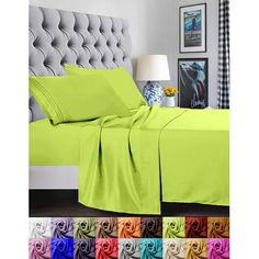 the bed is covered in bright green sheets and pillows, with different color options to choose from